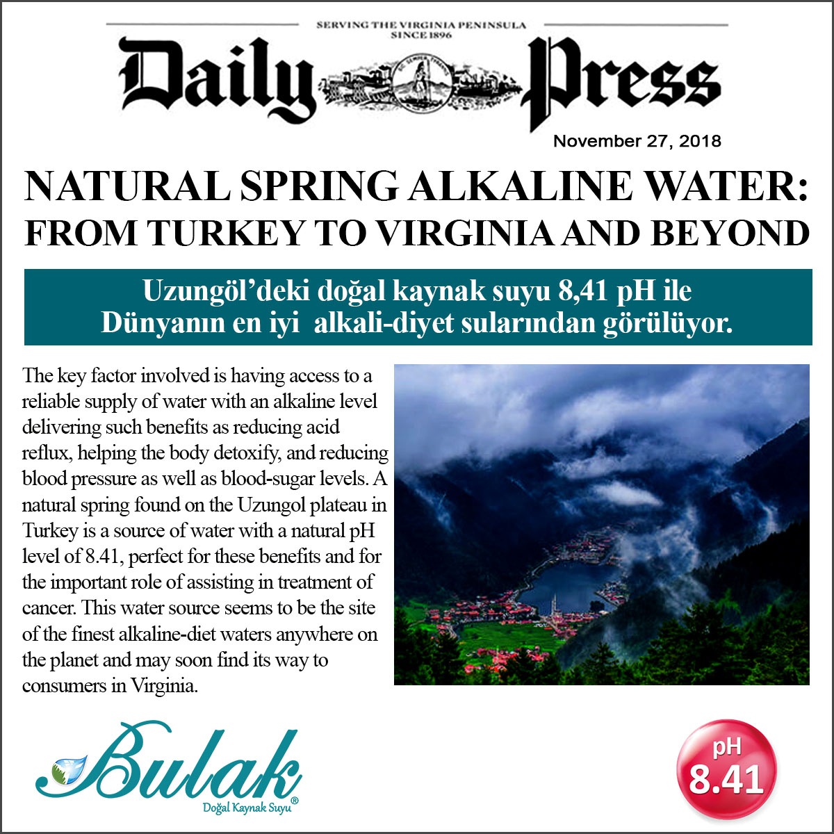 Daily Press: Türkiye'nin En Yüksek pH'lı Suyu Uzungöl'de Bulundu