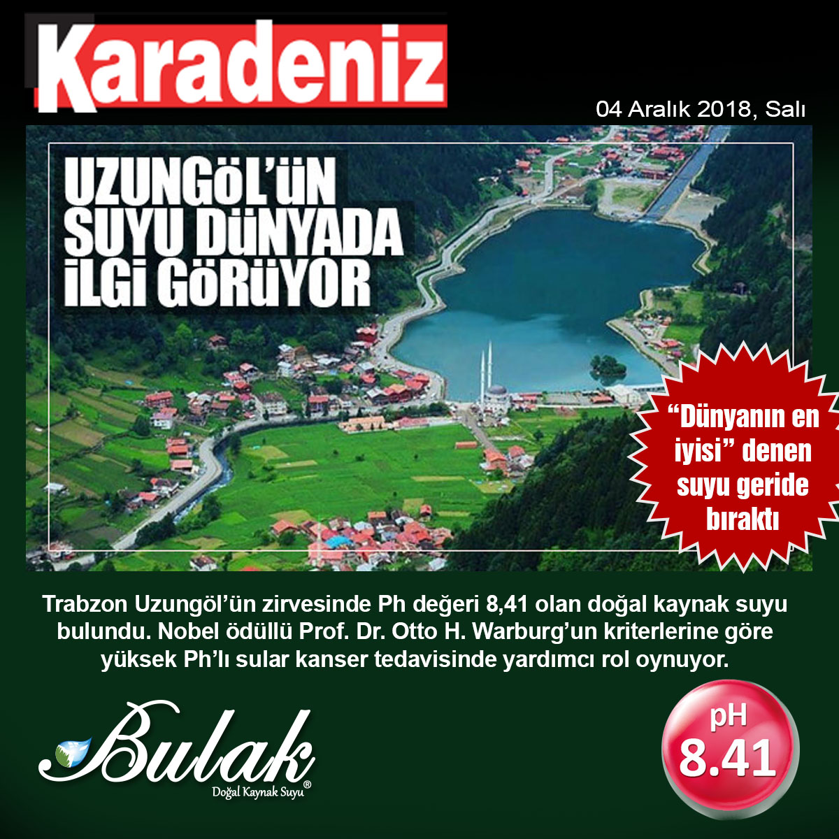 Karadeniz Gazetesi: Türkiye'nin En Yüksek pH'lı Suyu Uzungöl'de Bulundu