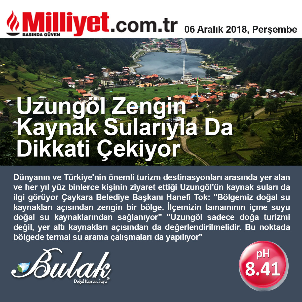 Milliyet: Türkiye'nin En Yüksek pH'lı Suyu Uzungöl'de Bulundu