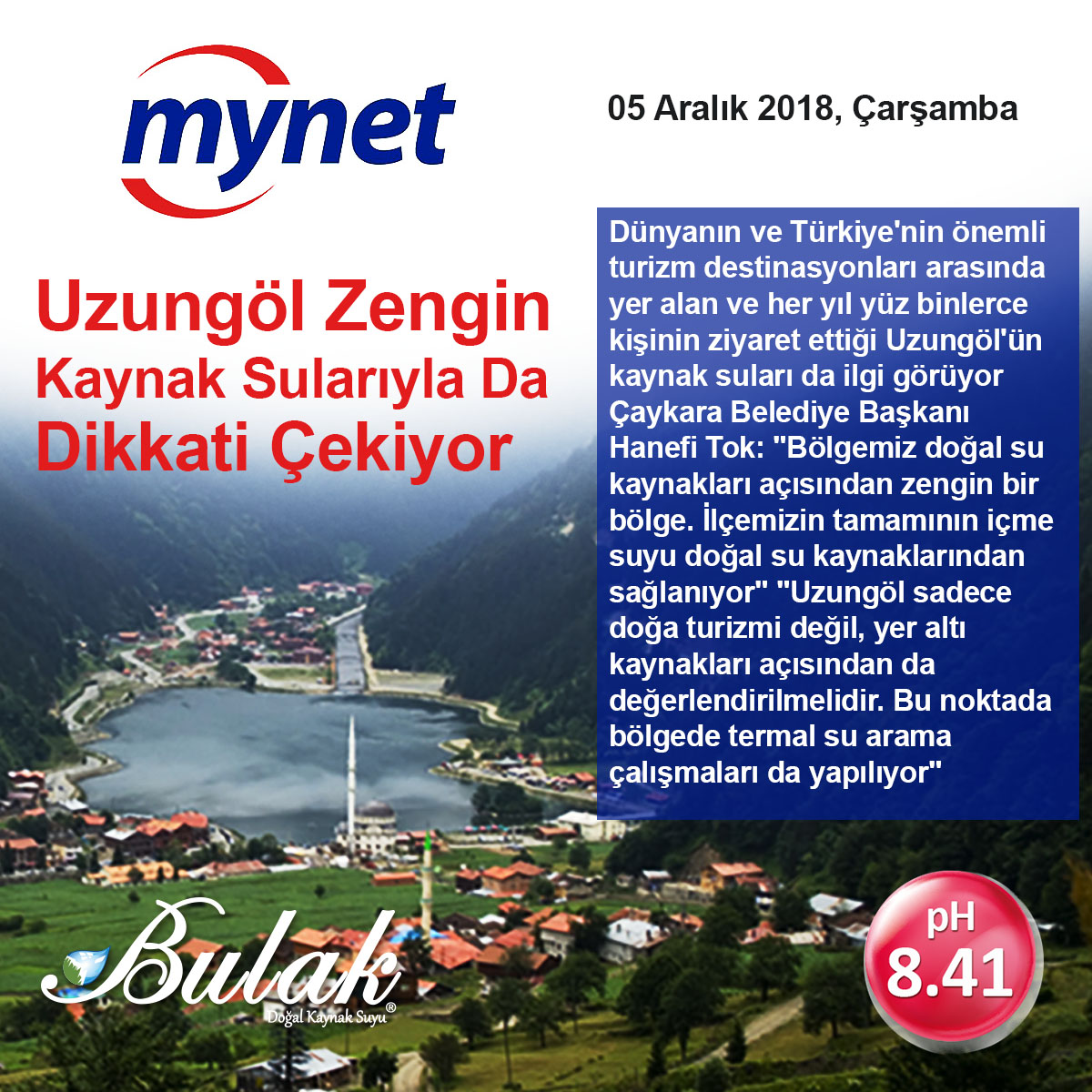 Mynet: Türkiye'nin En Yüksek pH'lı Suyu Uzungöl'de Bulundu